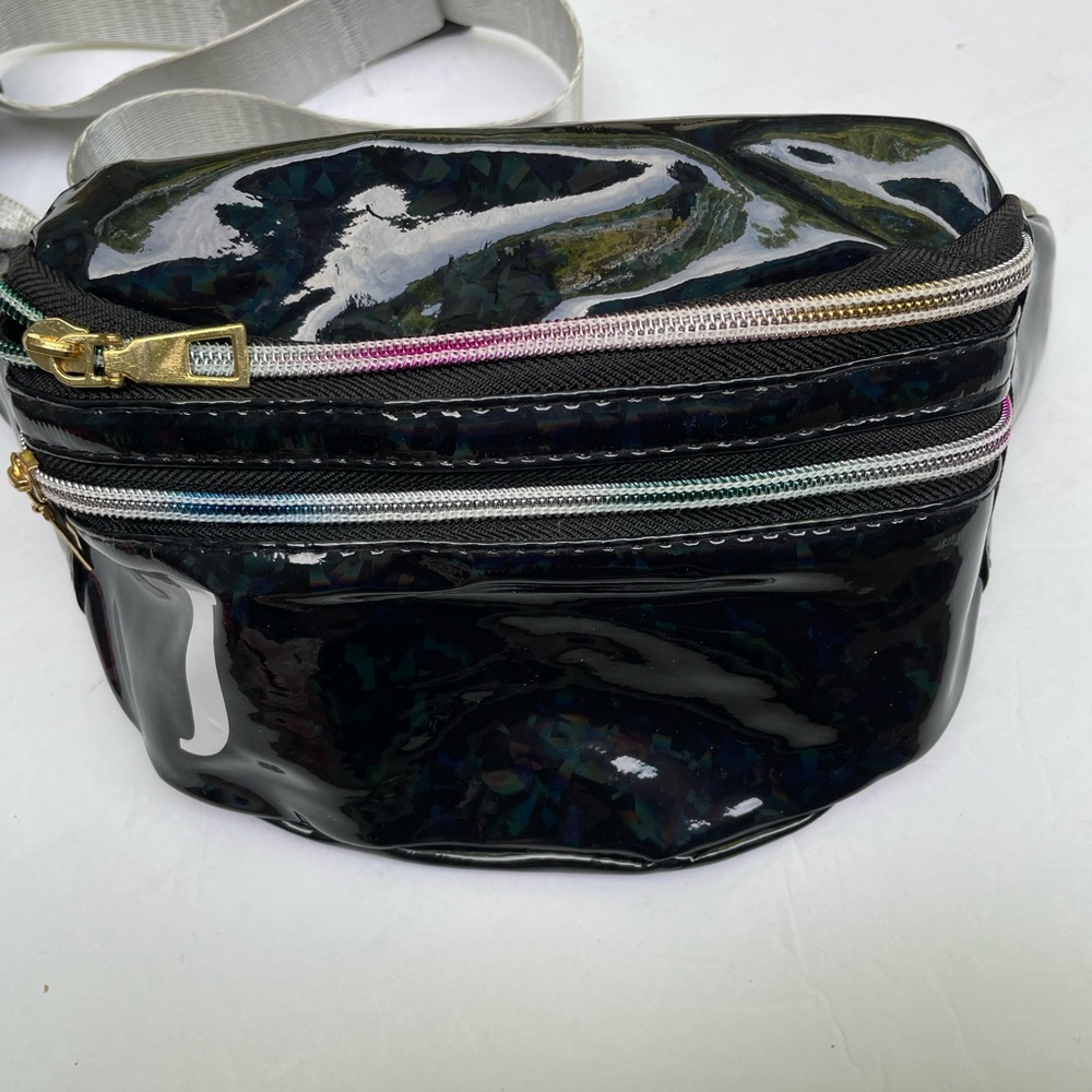 Belt Bag Small Waist Pack Zippered Cross Body-Shiny Black With White J Initial